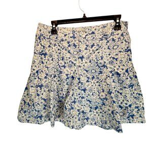 Sahalie Women's Blue White Floral A Line Pleated Skirt Size 8 Cotton Blend